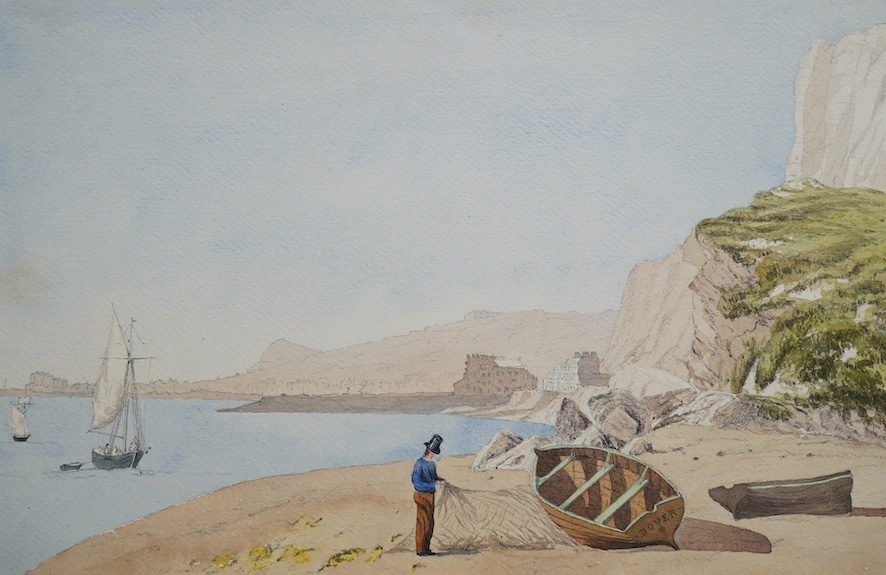 A Victorian leather bound album of watercolours and annotations, including View of Edenbridge from the window of Barnhawe House by F. R. Gore Esq., 1861 and Folkestone Harbour, Steamboat about to leave for Bologne, Augus